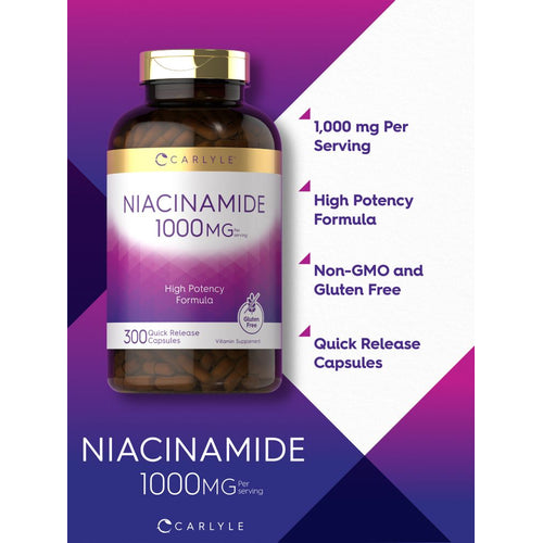View 4 Bottle of Niacinamide 1000 mg containing 300 quick release capsules shown on a scale.
