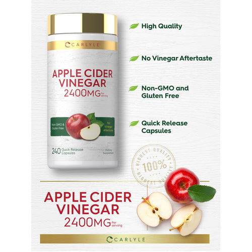 View 4 Infographic showing high quality, no vinegar aftertaste, non-GMO and gluten-free, quick release capsules, 100% highest quality.