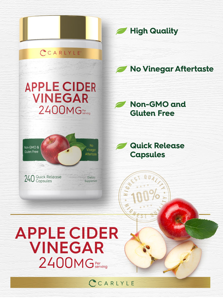 Infographic showing high quality, no vinegar aftertaste, non-GMO and gluten-free, quick release capsules, 100% highest quality.