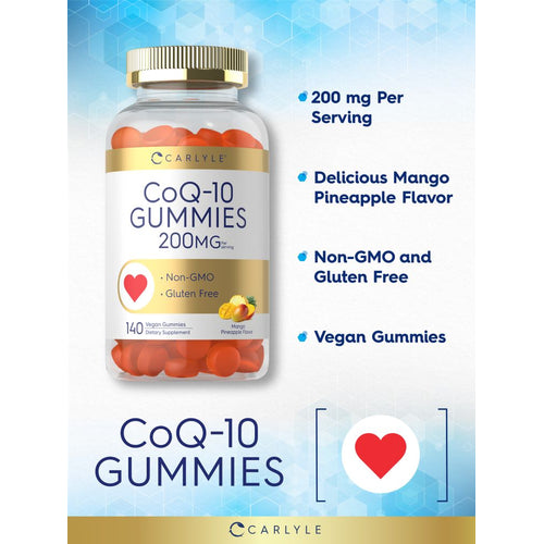 View 4 CoQ-10 Gummies, 200mg per serving. Bottle contains 140 vegan gummies for daily use.