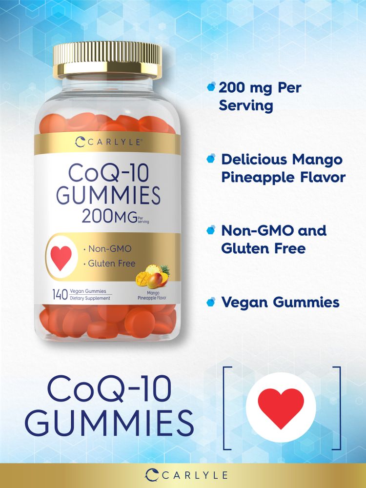 CoQ-10 Gummies, 200mg per serving. Bottle contains 140 vegan gummies for daily use.
