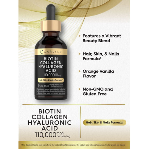 View 4 Biotin Collagen Hyaluronic Acid liquid contains 110,000 mcg per serving in a 2 FL. OZ. (59 mL) bottle.