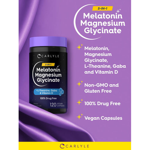 View 4 Product highlights graphic stating Melatonin, Mag Glycinate, L-Theanine, GABA & Vitamin D, Non-GMO and Gluten Free, 100% Drug Free, Vegan Capsules