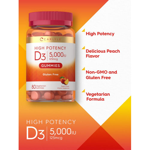 View 4 Carlyle High Potency D3 5,000IU 125mcg peach gummies, 80 count, in a clear jar.