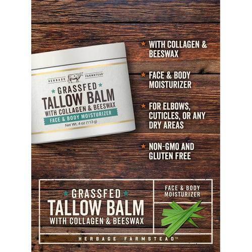 View 4 Jar of Grassfed Tallow Balm with Collagen and Beeswax, 4 oz (113 g), held in hand for scale demonstration.