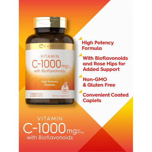 View 4 Carlyle Vitamin C-1000mg caplets with Bioflavonoids, 250 count, shown in a hand for size reference.