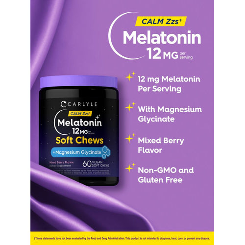 View 4 Carlyle Melatonin 12 MG Soft Chews, 60 vegan chews containing Magnesium Glycinate, shown on hand scale.