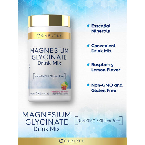 View 4 Magnesium Glycinate Drink Mix jar with Raspberry Lemon Flavor, Net Wt. 5 OZ (142 g), Non-GMO and Gluten Free label.