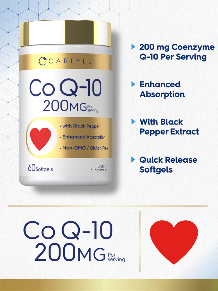Product highlights graphic stating 200 mg Coenzyme Q-10 Per Serving, Enhanced Absorption, With Black Pepper Extract, Quick Release Softgels