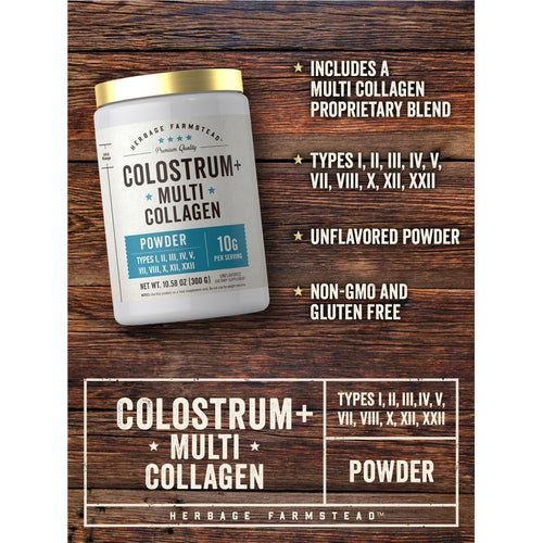 View 4 Colostrum + Multi Collagen Powder in a 10.58 oz (300 g) jar, held in a hand to show scale.