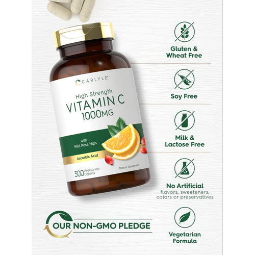 View 4 A bulk container of Carlyle Vitamin C 1000MG with 300 light-colored caplets visible.