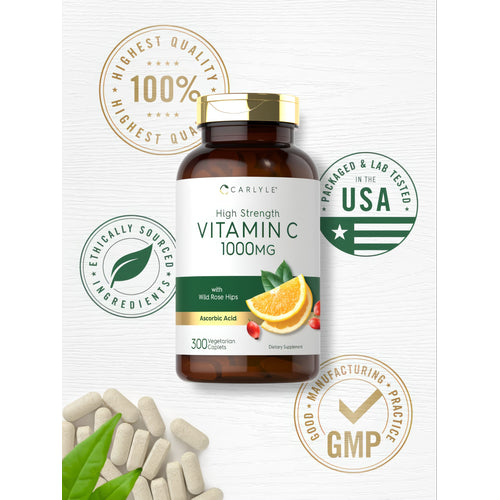 View 5 A bulk supply of Carlyle Vitamin C 1000 mg features 300 vegetarian caplets for immune support.