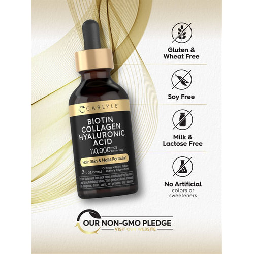 View 5 Collagen Biotin Hyal Liquid bottle: Gluten & Wheat Free, Soy Free, Milk & Lactose Free, No Artificial colors or sweeteners, Our Non-GMO Pledge.