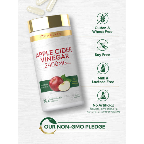 View 5 Carlyle Apple Cider Vinegar bottle with icons indicating gluten, soy, milk, lactose free; no artificial flavors, sweeteners, colors; non-GMO.