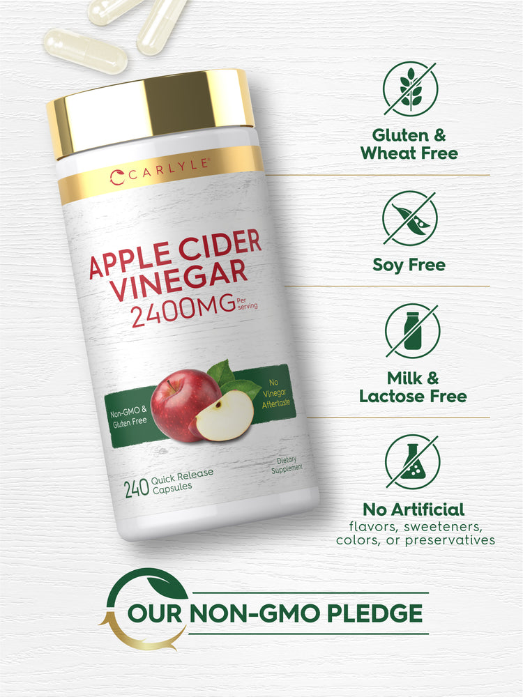 Carlyle Apple Cider Vinegar bottle with icons indicating gluten, soy, milk, lactose free; no artificial flavors, sweeteners, colors; non-GMO.