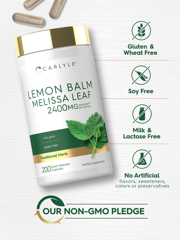 Lemon Balm bottle with icons indicating Gluten & Wheat Free, Soy Free, Milk & Lactose Free, No Artificial Flavors, Non-GMO.