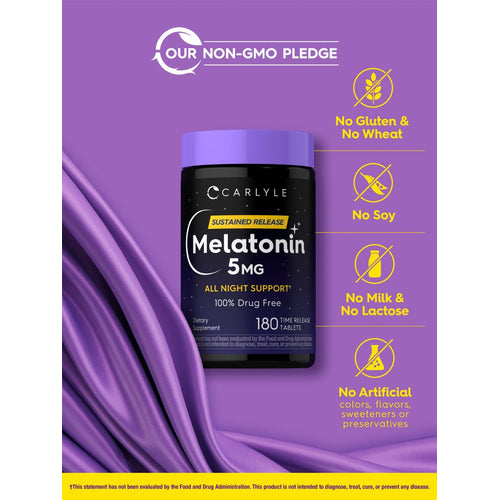 View 5 Melatonin bottle: Non-GMO, No Gluten & No Wheat, No Soy, No Milk & No Lactose, No Artificial Colors/Flavors/Sweeteners/Preservatives