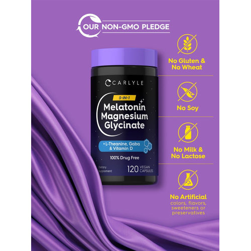 View 5 Melatonin Magnesium Glycinate bottle: No Gluten & No Wheat, No Soy, No Milk & No Lactose, No Artificial Colors/Flavors/Sweeteners/Preservatives