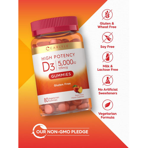 View 5 Peach flavor Vitamin D3 5,000IU 125mcg gummies, 80 count, shown on a hand scale as part of a bulk scale image type.