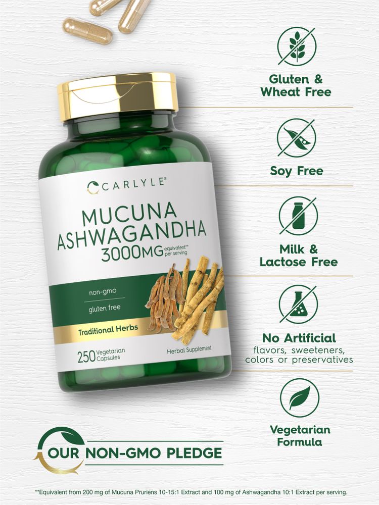 Mucuna con Ashwagandha 3000 mg por porción | 250 Cápsulas