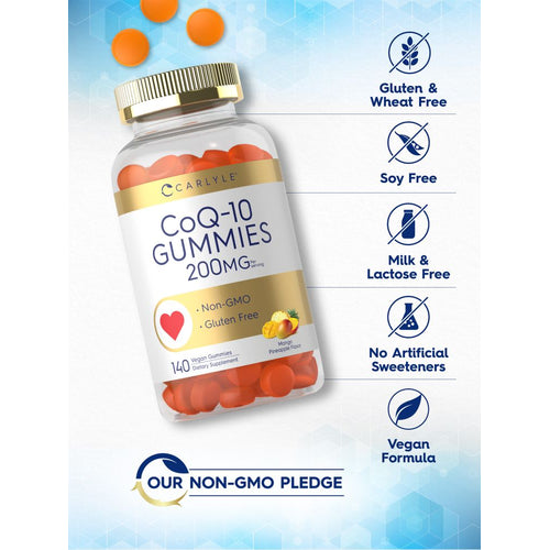 View 5 Clear bottle of CoQ-10 200mg orange gummies with three loose gummies. Contains 140 vegan gummies.