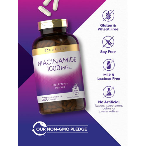 View 5 Niacinamide 1000 mg bottle with 300 quick release capsules and white capsules scattered around.