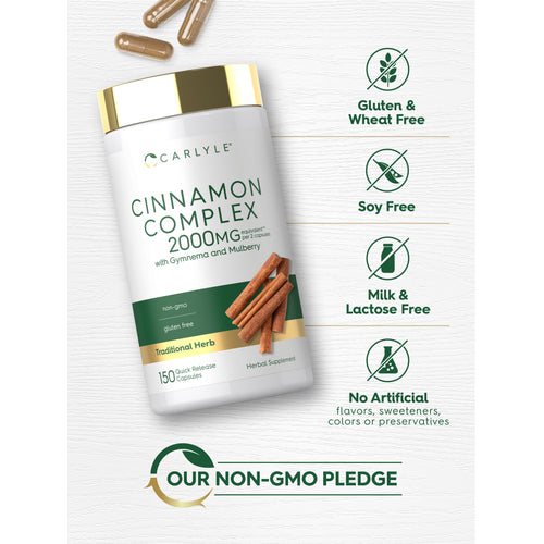 View 5 Cinnamon Complex bottle with icons indicating Gluten Free, Soy Free, Milk Free, No Artificial Additives, Non-GMO attributes.