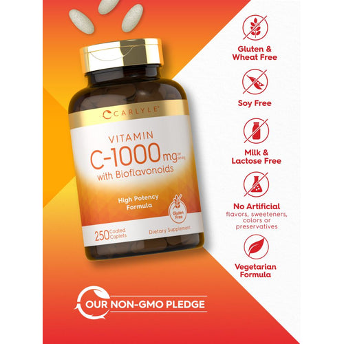 View 5 A hand holding Vitamin C 1000 mg caplets with Bioflavonoids, highlighting the product's dosage and coating.