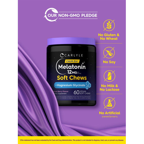 View 5 Melatonin bottle showing labels: No Gluten, No Wheat, No Soy, No Milk, No Lactose, No Artificial Sweeteners.
