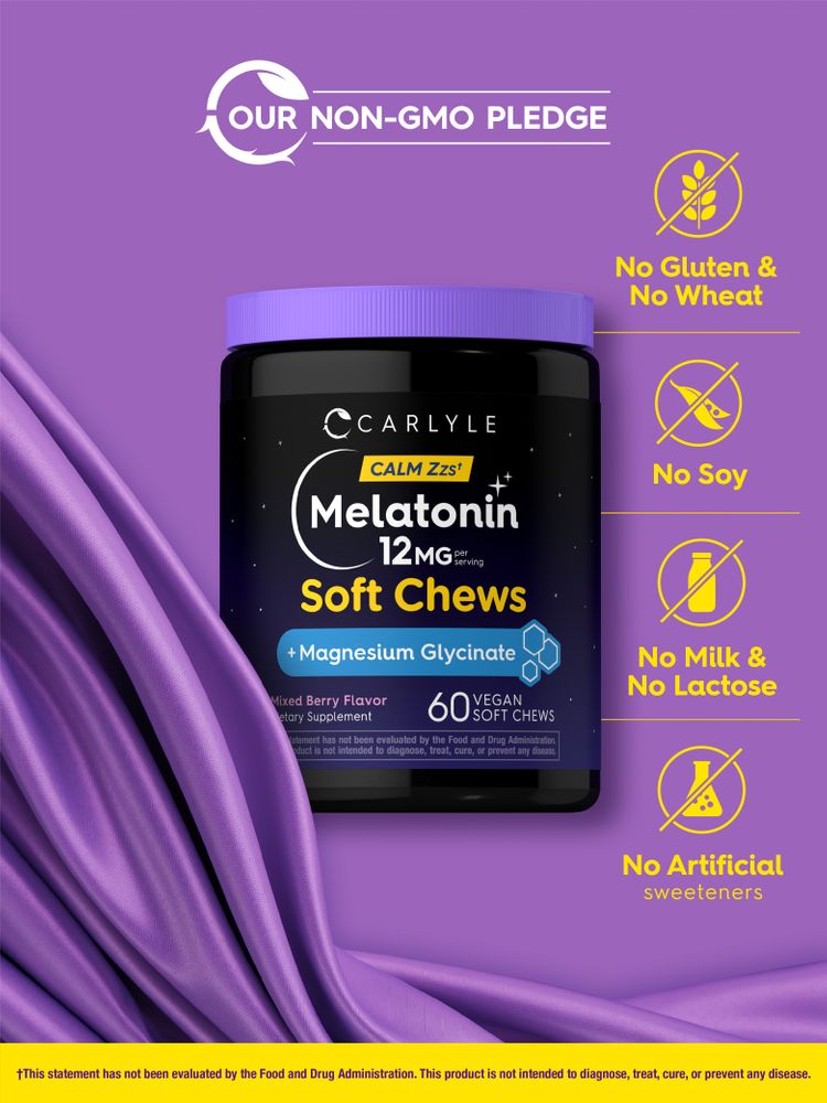 Melatonin bottle showing labels: No Gluten, No Wheat, No Soy, No Milk, No Lactose, No Artificial Sweeteners.