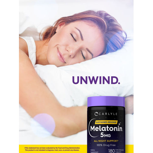 View 6 Young woman sleeps peacefully in bed beside a bottle of Carlyle Melatonin 5mg.