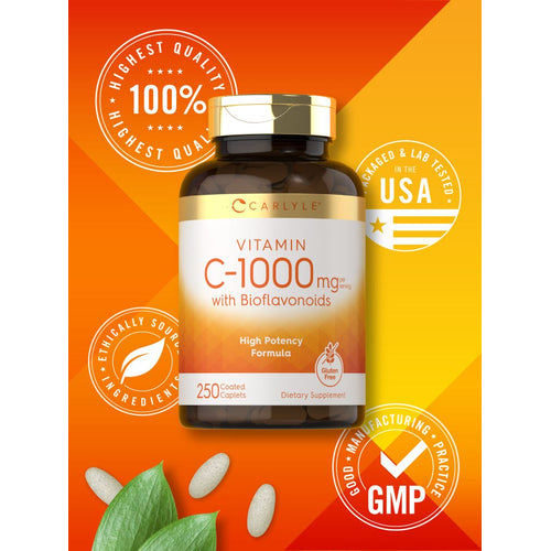View 6 Carlyle Vitamin C-1000 mg with Bioflavonoids Coated Caplets shown on a hand scale, indicating product weight and size.