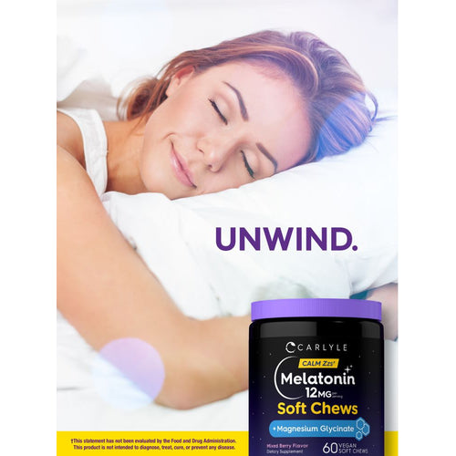 View 6 Melatonin 12MG per serving soft chews with Magnesium Glycinate in mixed berry flavor, 60 vegan soft chews included.