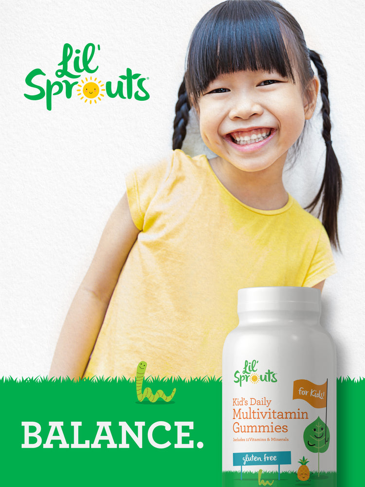 A smiling young girl with a bottle of Lil' Sprouts Kid's Daily Multivitamin Gummies beside her.