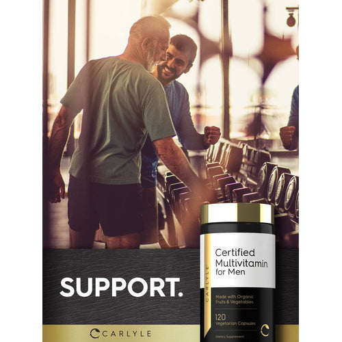 View 6 An older man and a younger man smiling in a gym next to a Certified Multivitamin for Men bottle.