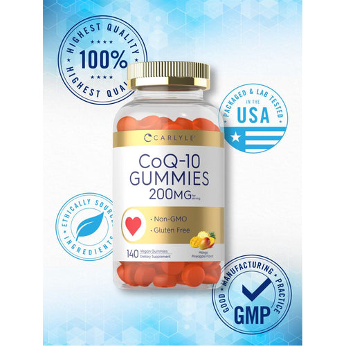 View 6 Hand holding a bottle of Carlyle CoQ-10 200 mg vegan gummies, 140 count, showing product size and quantity.