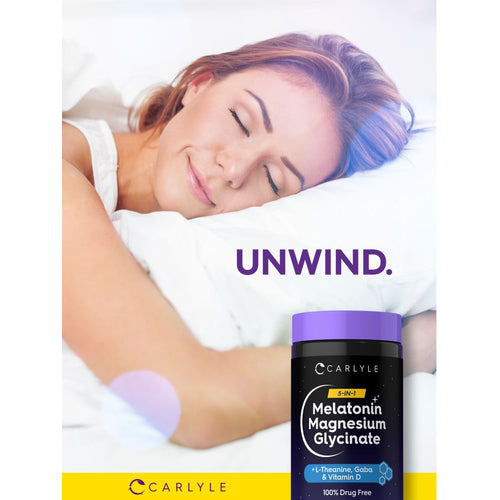 View 6 A woman sleeps peacefully in bed next to a bottle of Carlyle Melatonin Magnesium Glycinate.