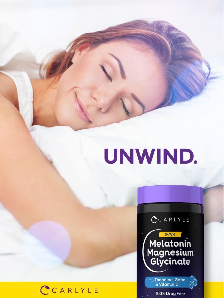 A woman sleeps peacefully in bed next to a bottle of Carlyle Melatonin Magnesium Glycinate.