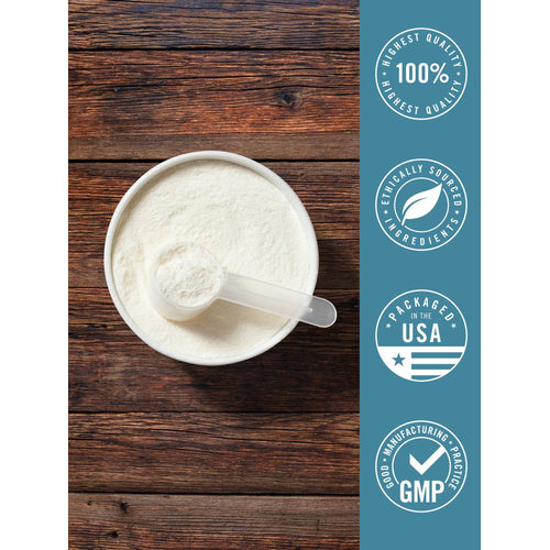 View 7 Colostrum & Collagen powder in a white bowl with a scoop on a wooden surface, showing texture and serving size.
