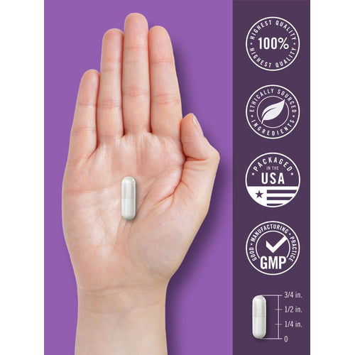View 7 A hand holds a white capsule measuring 3/4 inch.