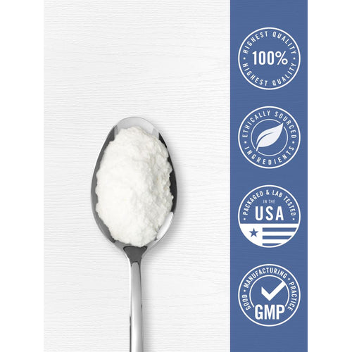 View 7 Spoon with white Magnesium Glycinate powder. Badges: 100% HIGHEST QUALITY, ETHICALLY SOURCED, PACKAGED & LAB TESTED IN THE USA, GMP.