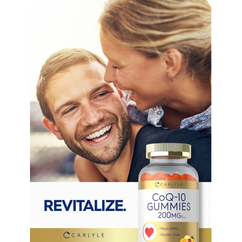 View 7 Carlyle CoQ-10 200mg Gummies bottle with a smiling man, woman, and 'REVITALIZE' text visible.