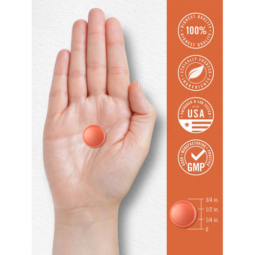 View 7 A gummy measuring 3/4 inch in diameter and 1/4 inch in height is shown on a bulk_scale format named hand_scale.