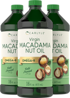 Three bottles of Virgin Macadamia Nut Oil, each containing 16 fl. oz. (473 mL).