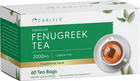 Fenugreek Tea Bags, 2000mg, Caffeine Free, 60 count. A cup of brewed tea with a tea bag rests on a white saucer.
