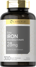 Bottle of 300 quick release capsules containing 28mg of iron bisglycinate in clear plastic jar, shown on hand scale.