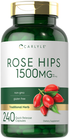 A green bottle containing 240 Rose Hips 1500mg quick release capsules is shown.