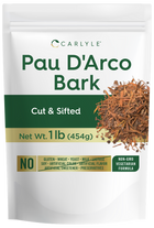 Hand holding 1 lb (454g) of cut and sifted Pau D'Arco Bark, suitable for bulk use.