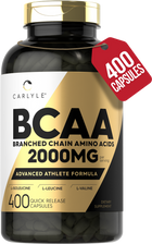 Carlyle BCAA 2000 mg bottle containing 400 quick release capsules is visible.