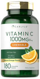 Carlyle Vitamin C 1000mg Chewable Tablets, 180 count, shown on hand scale for size comparison, highlighting its bulk quantity.